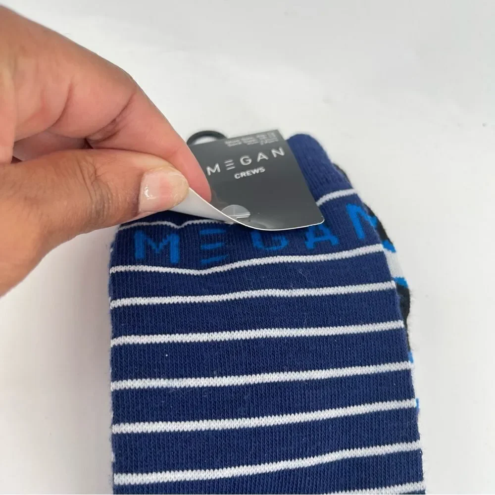 Megan Horror Movie Doll Novelty Blue Striped Long 2-Pair Crew Socks Size 6.5-12